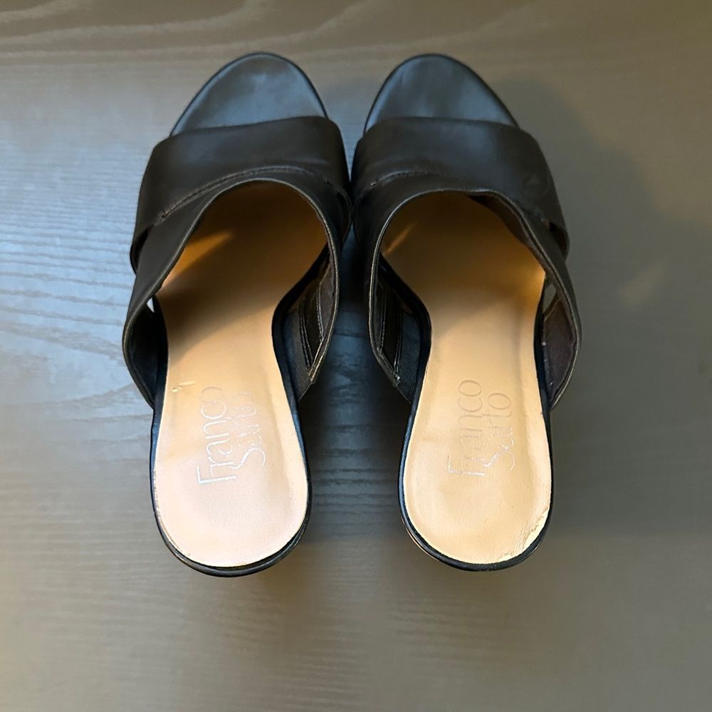 Franco Sarto Black Leather 4" Wedge Sandals Size 6 Cork